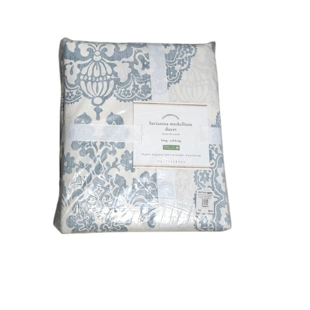 NEW Pottery Barn Lucianna Medallion Duvet King Blue White Cotton Traditional